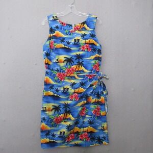 Kilani Hawaiian Dress‎ Medium Blue Scenic Faux Wrap Vintage Luau Made in Hawaii